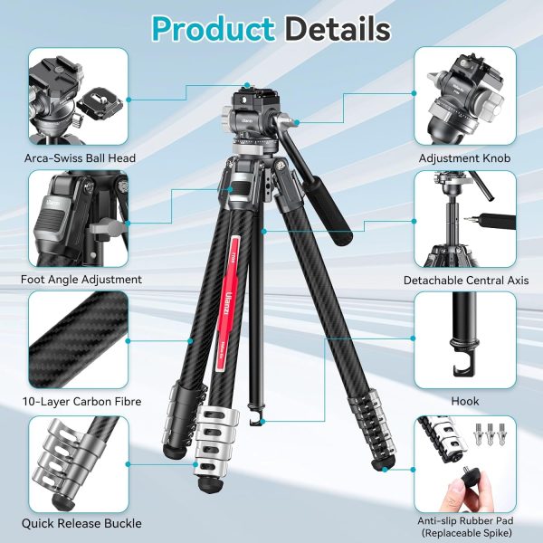 Ulanzi TT09 VideoGo Travel Tripod, 56" Carbon Fiber Camera Tripod with Arca - Image 6