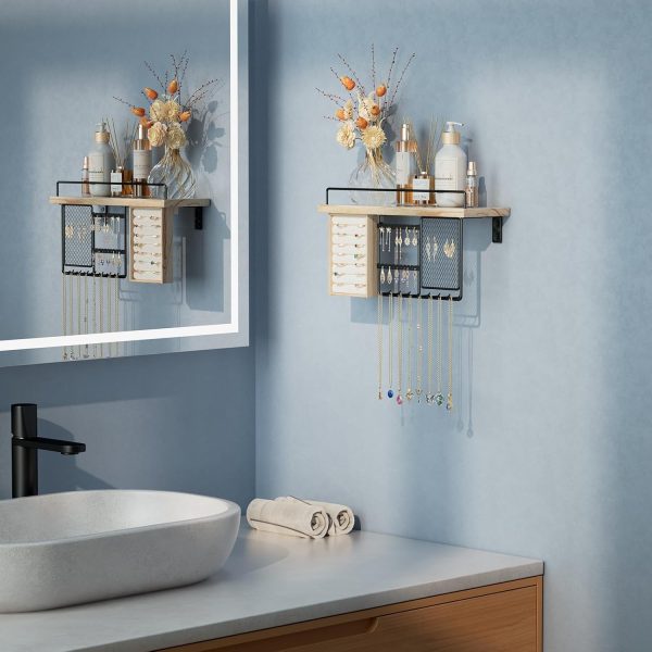 Lolalet Wall Mounted Hanging Jewelry Organizer with Wood Shelf, Wall - Image 3
