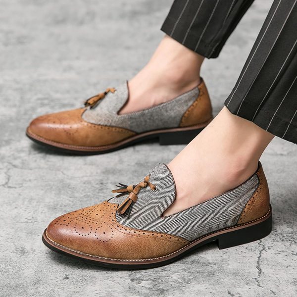 Men's Patchwork Two Tone Slip On Tassel Dress Loafers Fashion Hand Stitched - Image 6