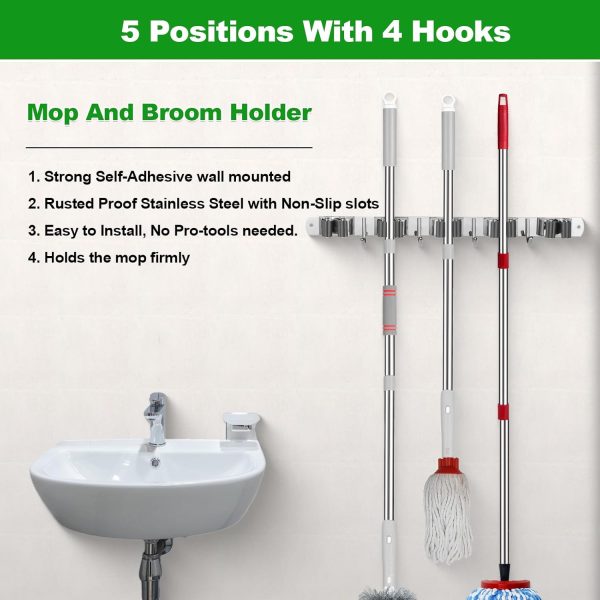 voze 5 Racks and 4 Hooks Mop and Broom Holder Wall Mount, Self Adhesive - Image 2
