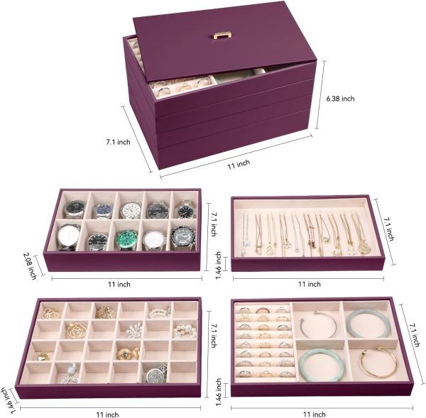 Voova Stackable Jewelry Organizer Tray with Lid, PU Leather Jewelry Storage - Image 5