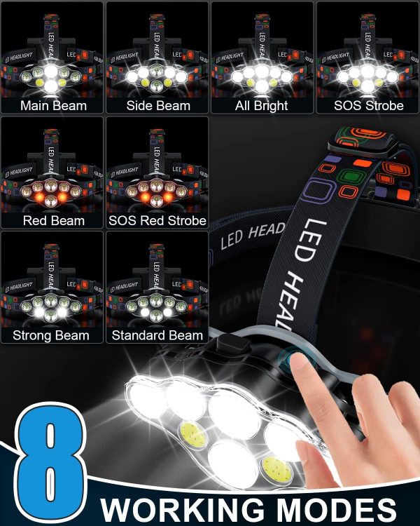 Rechargeable Headlamp, 8 LED 18000 High Lumen Bright Headlamp with Red - Image 4