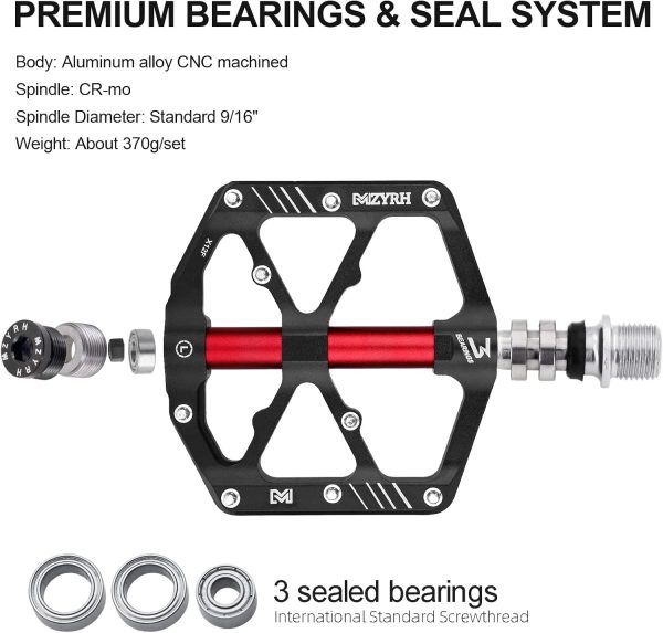 3 Bearings Mountain Bike Pedals Platform Bicycle Flat Alloy Pedals 9/16" - Image 4