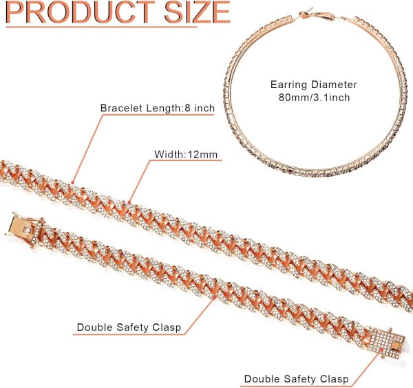 Batiyeer Cuban Link Chain Necklace Bracelet Rhinestone Earrings Bling - Image 3