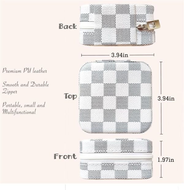 Small Travel Jewelry Box, Portable Mini checkered Jewelry Leather Box - Image 6