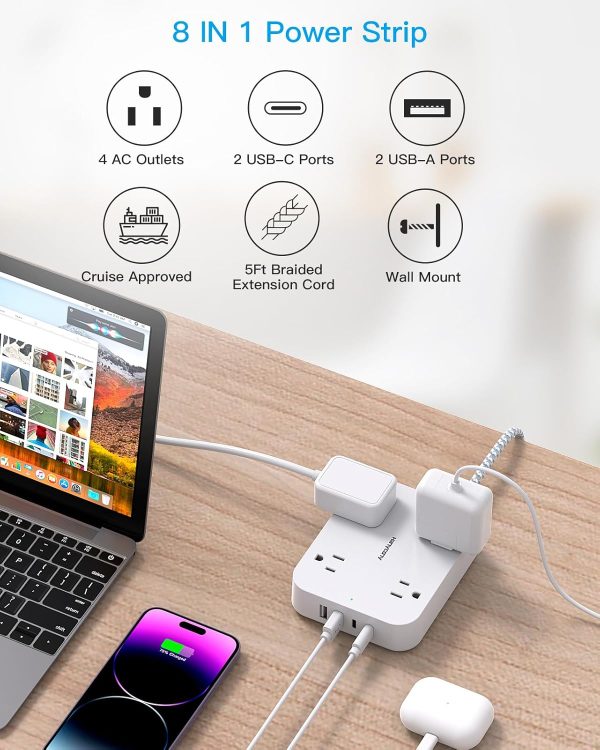 Flat Plug Extension Cord, 5ft Power Strip with 4 USB Ports(2 USB C), 4 - Image 6