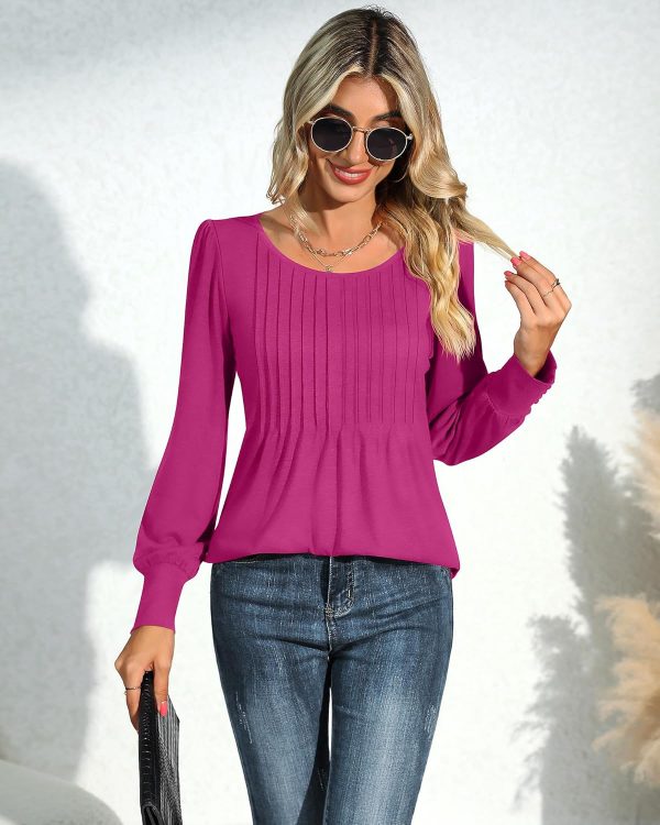 Ficerd Women's Puff Long Sleeve Tunic Tops Pleated Crew Neck Blouses Dressy - Image 4
