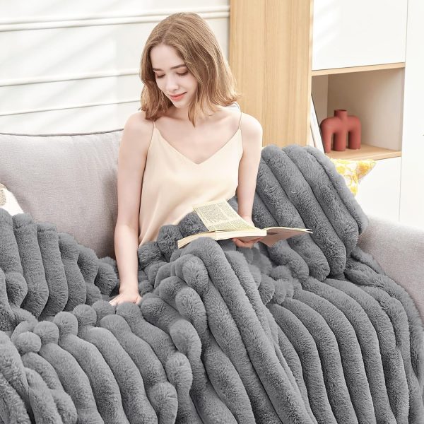 Faux Fur Throw Blanket for Couch,Cozy Soft Plush Thick Striped Luxury - Image 2