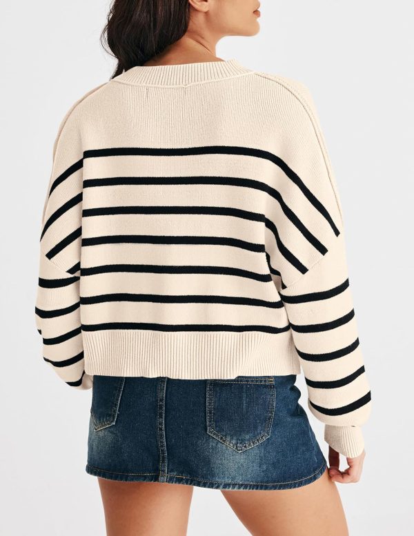 MEROKEETY Women's Long Sleeve Crew Neck Striped Crop Sweater Ribbed Knit - Image 3