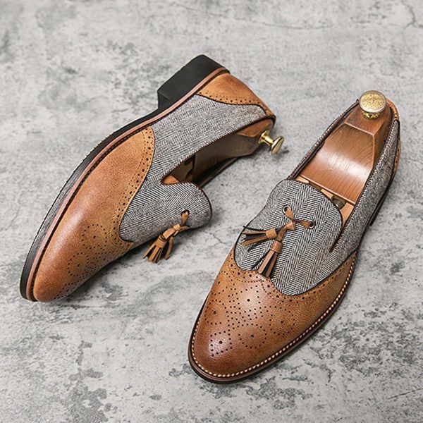 Men's Patchwork Two Tone Slip On Tassel Dress Loafers Fashion Hand Stitched - Image 4