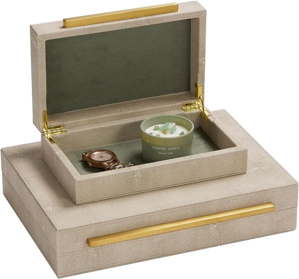 Kingflux Ivory Shagreen Leather Set of 2pcs Decorative Boxes, Storage Boxes - Image 4