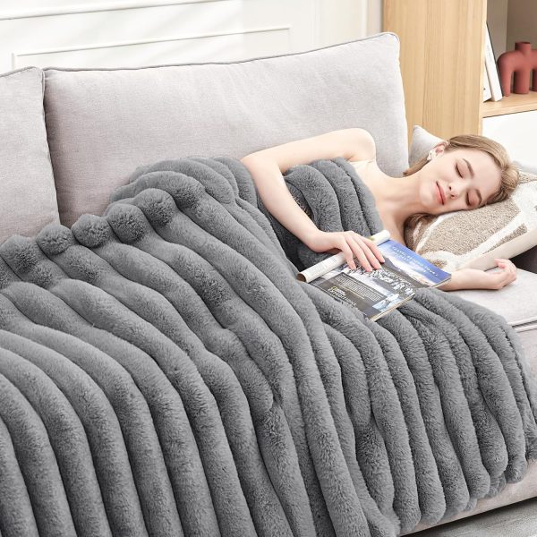 Faux Fur Throw Blanket for Couch,Cozy Soft Plush Thick Striped Luxury - Image 4