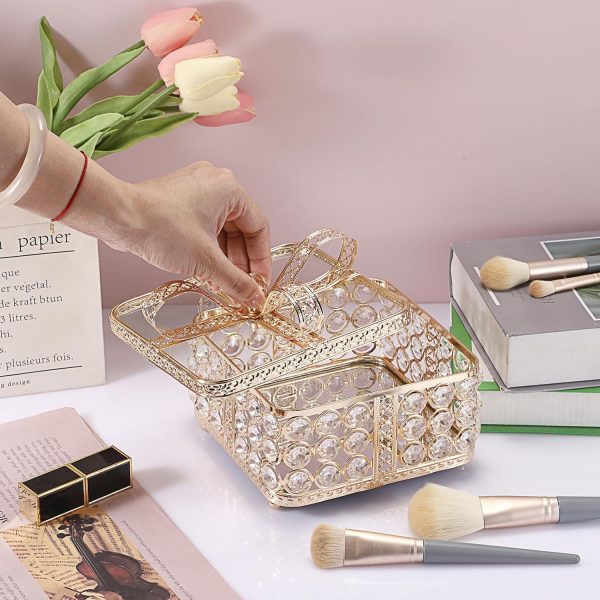 Hipiwe Crystal Mirrored Jewelry Box Gold Jewelry Trinket Organizer Treasure - Image 6