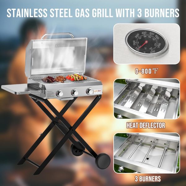 Onlyfire BBQ Gas Grill 3-Burner with Foldable Cart & Side Table, Portable - Image 5