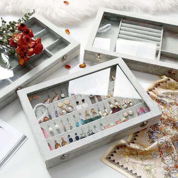 Jewelry Tray 12 Grid Velvet Jewelry Organizer with Clear Lid Transparent - Image 5