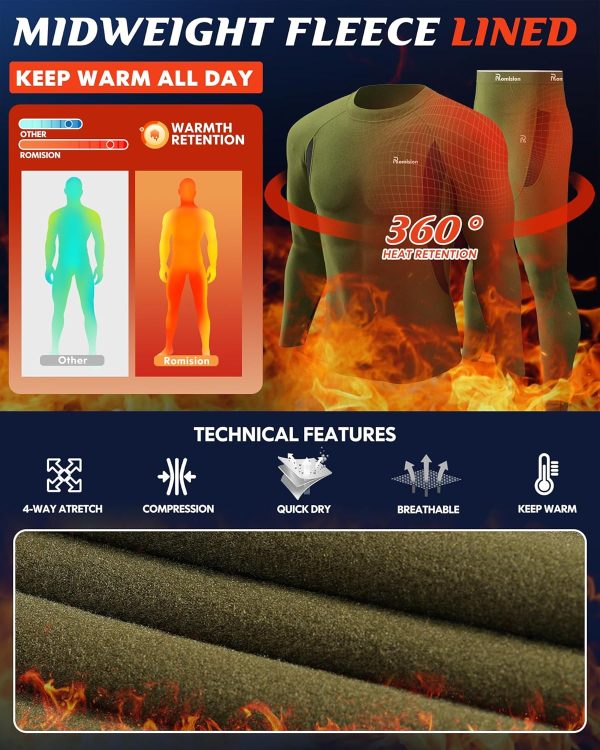 romision 2 Pack Thermal Underwear for Men Long Johns Fleece Lined Hunting - Image 3