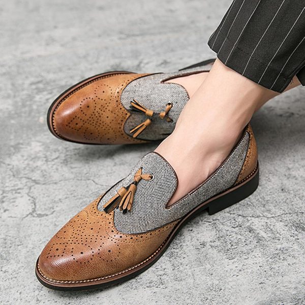 Men's Patchwork Two Tone Slip On Tassel Dress Loafers Fashion Hand Stitched - Image 5