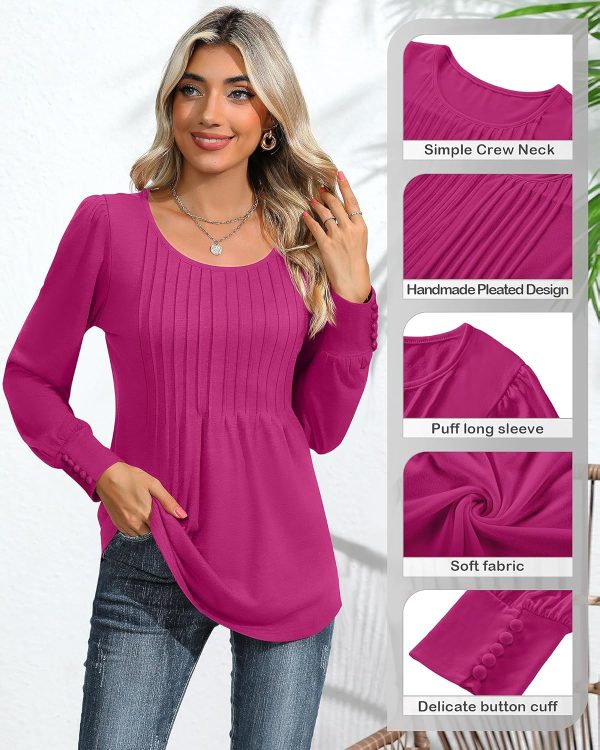 Ficerd Women's Puff Long Sleeve Tunic Tops Pleated Crew Neck Blouses Dressy - Image 3