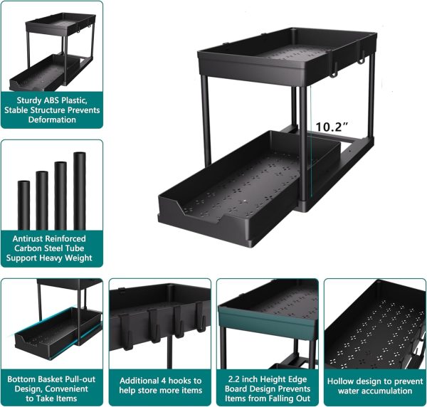 Under Sink Organizer 2 Pack, Bathroom Cabinet Organizer, 2 Tier Sliding - Image 6