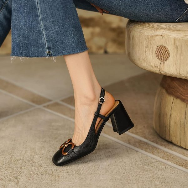 Women's Slingback Square Toe Chunky High Heels Sandals Ankle Buckle Dress - Image 4