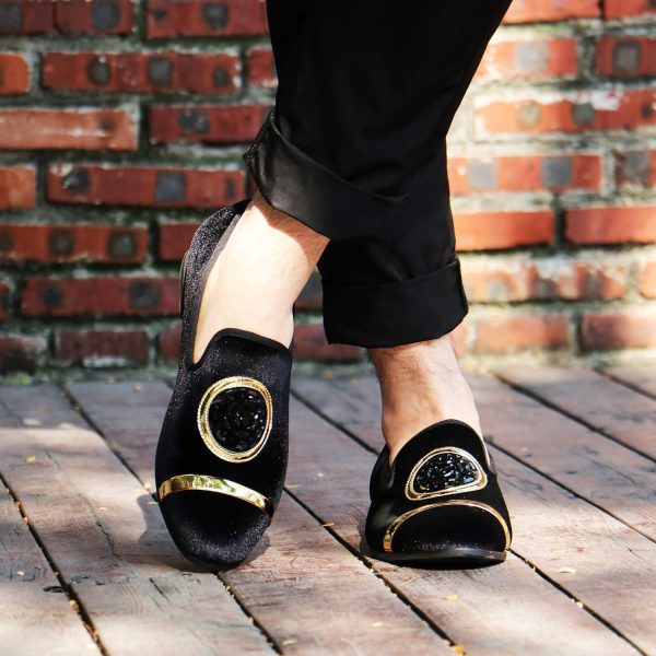 Mens Rhinestone Loafers Velvet Tuxedo Dress Shoes with Gold Plate Smoking - Image 5