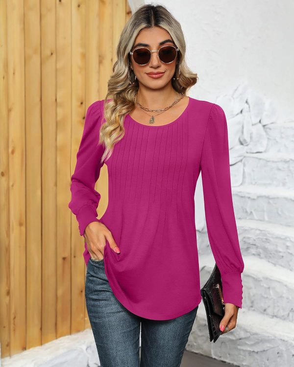 Ficerd Women's Puff Long Sleeve Tunic Tops Pleated Crew Neck Blouses Dressy - Image 5