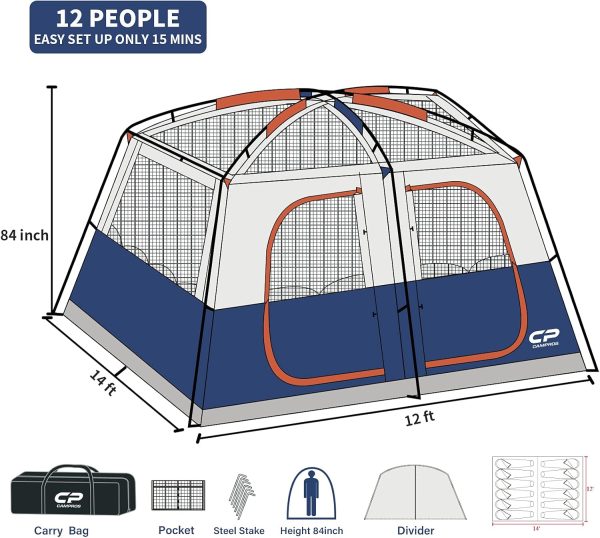 CAMPROS CP Tent 12 Person Camping Tents, 2 Room Weather Resistant Family - Image 3