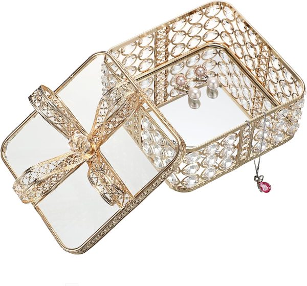 Hipiwe Crystal Mirrored Jewelry Box Gold Jewelry Trinket Organizer Treasure - Image 9