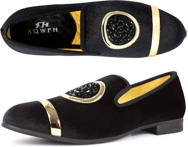 Mens Rhinestone Loafers Velvet Tuxedo Dress Shoes with Gold Plate Smoking - Image 3