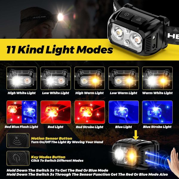 3pcs Lightweight Motion Sensor Red Light Headlamp, 1200 LM 11 Kinds Modes - Image 3