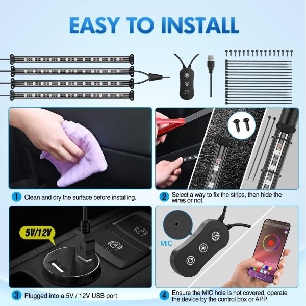 Nilight 4PCS USB Interior Car Lights 48 LEDs RGB LED Strips Lights with App - Image 5