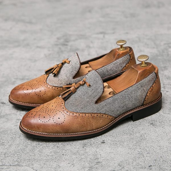 Men's Patchwork Two Tone Slip On Tassel Dress Loafers Fashion Hand Stitched - Image 3