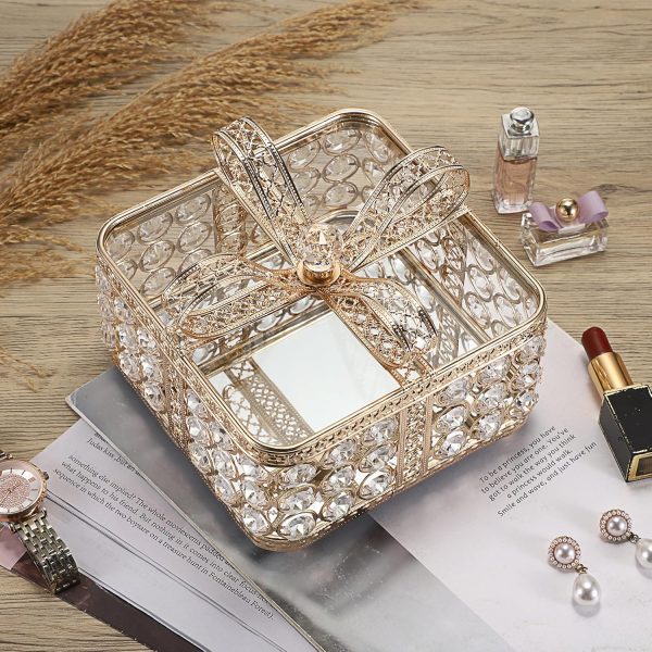 Hipiwe Crystal Mirrored Jewelry Box Gold Jewelry Trinket Organizer Treasure - Image 5