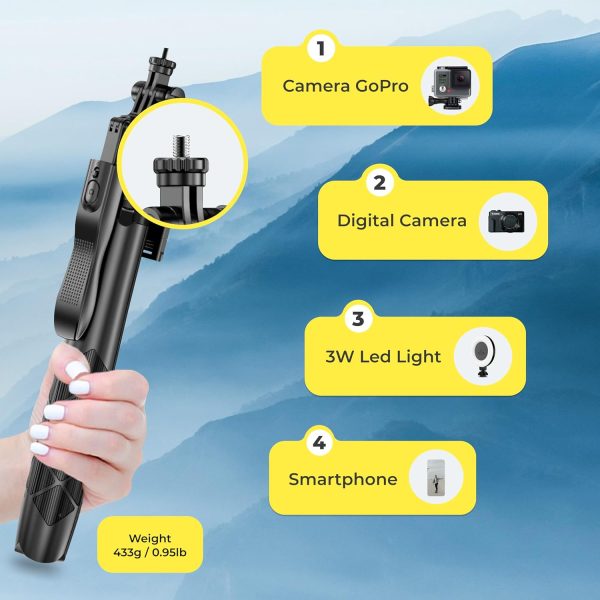 Phone Tripod 62" Selfie Stick for iPhone with Remote and 3W LED Light, - Image 3