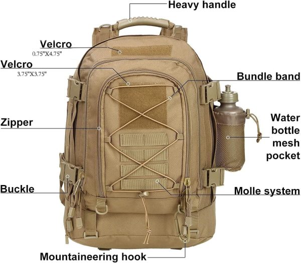 Expandable 40-64L Military Tactical Backpack 3 Day Bag Hiking Gym Sport - Image 3