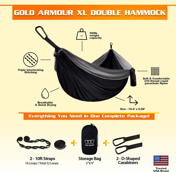 Gold Armour Camping Hammock - XL Double Hammock Portable Hammock Camping - Image 2