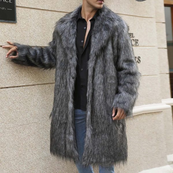WENKOMG1 Faux Fur Trench Coat for Men Luxury Open Front Fuzzy Spread Collar - Image 5