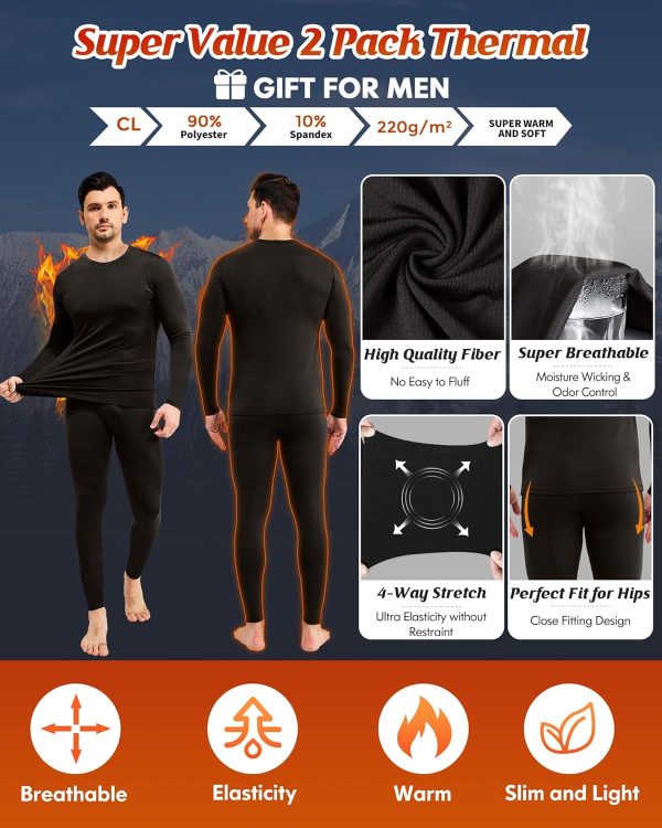 CL convallaria 2 Pack Long Johns Thermal Underwear for Men Soft Fleece - Image 2