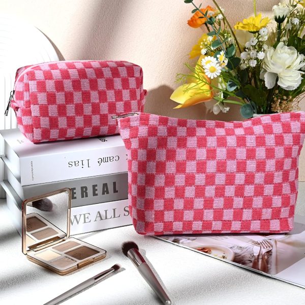 SOIDRAM 2 Pieces Makeup Bag Large Checkered Cosmetic Bag Capacity Canvas - Image 2