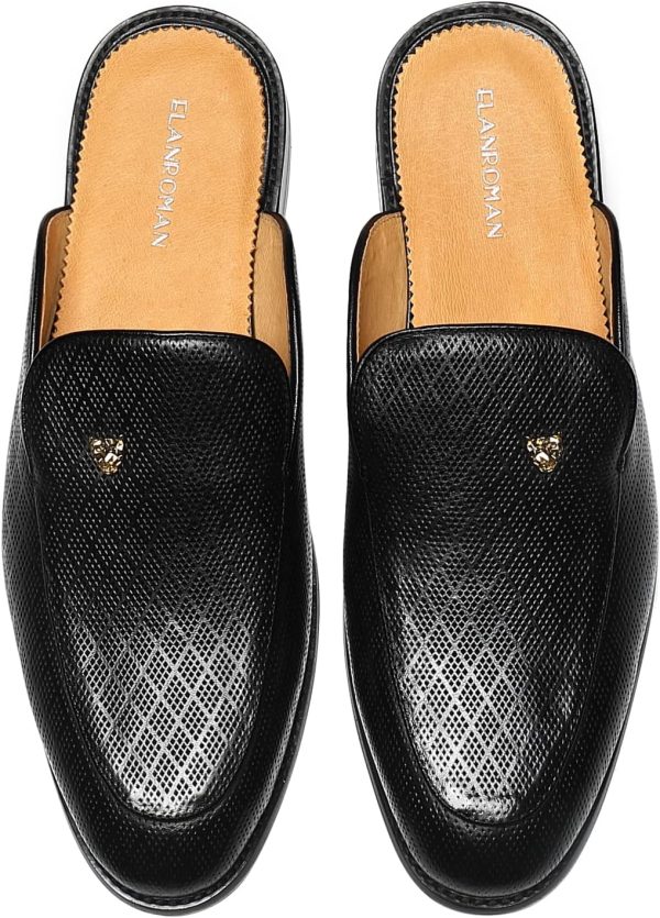 ELANROMAN Men's Backless Loafers Black Genuine Leather Mules Slippers Slip - Image 2