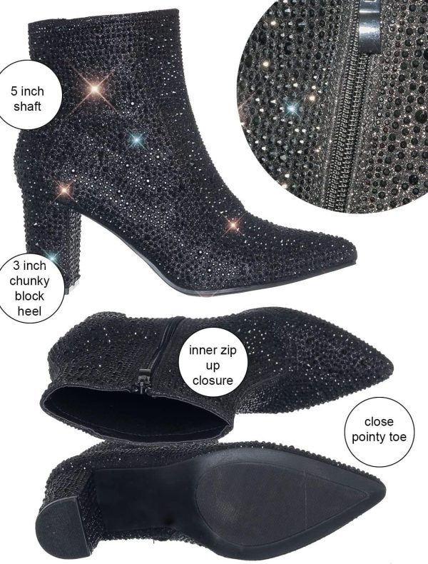 Women Rhinestone Block Chunky Heel Ankle Bootie - Image 3