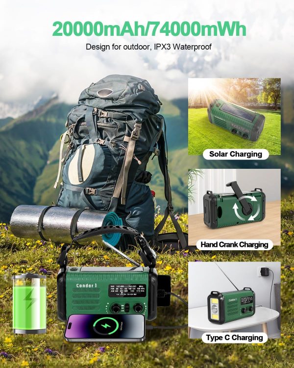 Emergency Crank Radio, 20000mAh / 74000mWh Weather Radio, Solar Hand Crank - Image 8