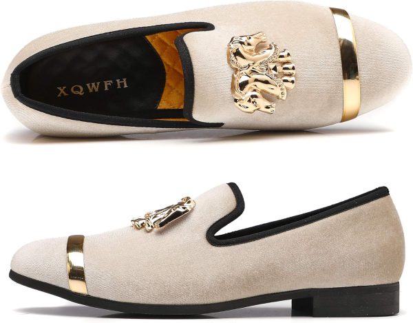 Mens Rhinestone Loafers Velvet Tuxedo Dress Shoes with Gold Plate Smoking - Image 4