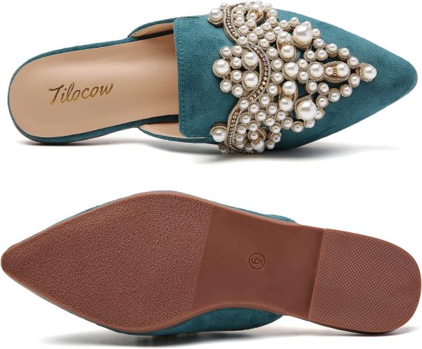 Tilocow Pearl Decor Mules for Women Flats Pointed Toe Backless Flat Slip On - Image 6