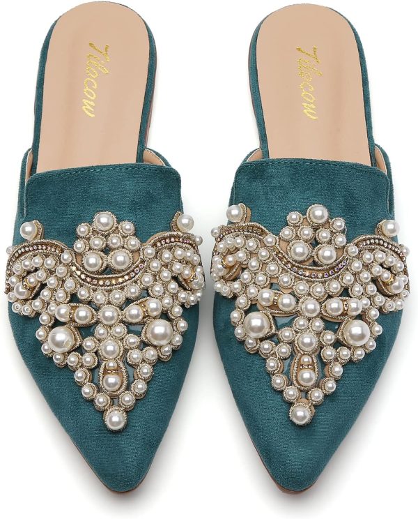 Tilocow Pearl Decor Mules for Women Flats Pointed Toe Backless Flat Slip On - Image 2