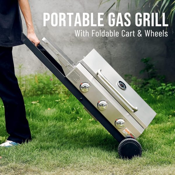 Onlyfire BBQ Gas Grill 3-Burner with Foldable Cart & Side Table, Portable - Image 7