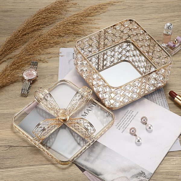 Hipiwe Crystal Mirrored Jewelry Box Gold Jewelry Trinket Organizer Treasure - Image 3