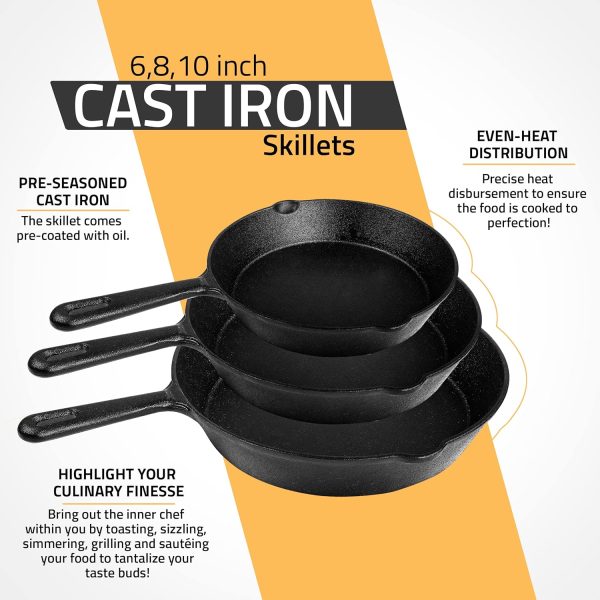 Utopia Kitchen Saute Fry Pan - Pre-Seasoned Cast Iron Skillet Set 3-Piece - - Image 3