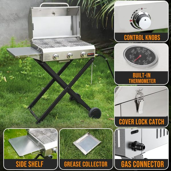 Onlyfire BBQ Gas Grill 3-Burner with Foldable Cart & Side Table, Portable - Image 3