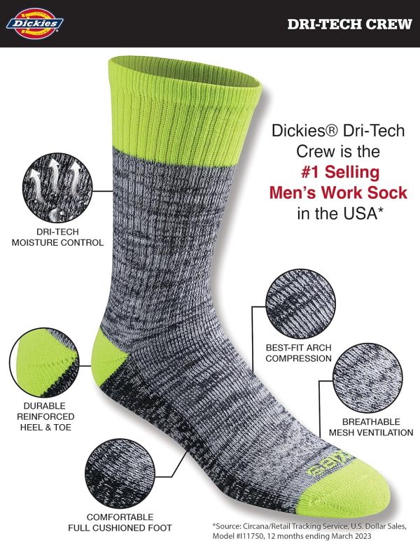Dickies Men's Dri-Tech Moisture Control Crew Socks, Available in M-XXL (6, - Image 2